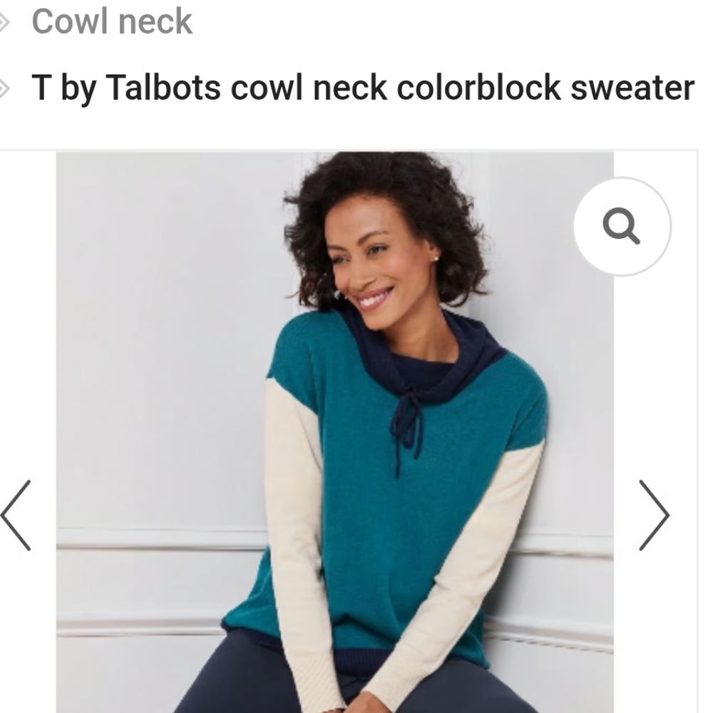 T By Talbots Teal and Cream Colorblock Cowl Neck Sweater NWT